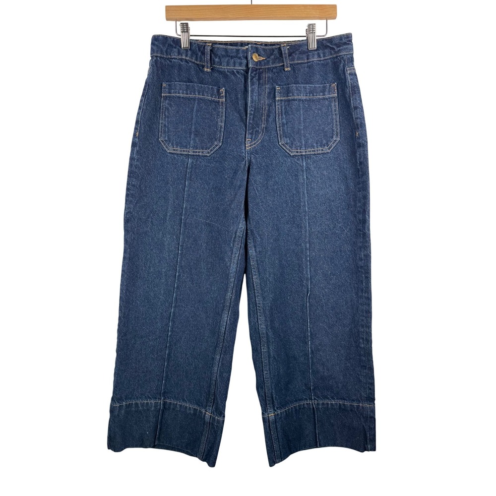 Zara Culottes sz 10 dark wash patch pocket high Waist Wide Leg